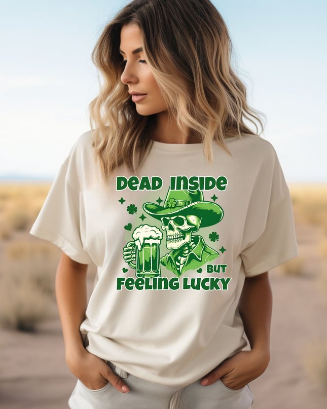 Dead Inside but Feeling Lucky Skeleton Graphic T-Shirt image 0
