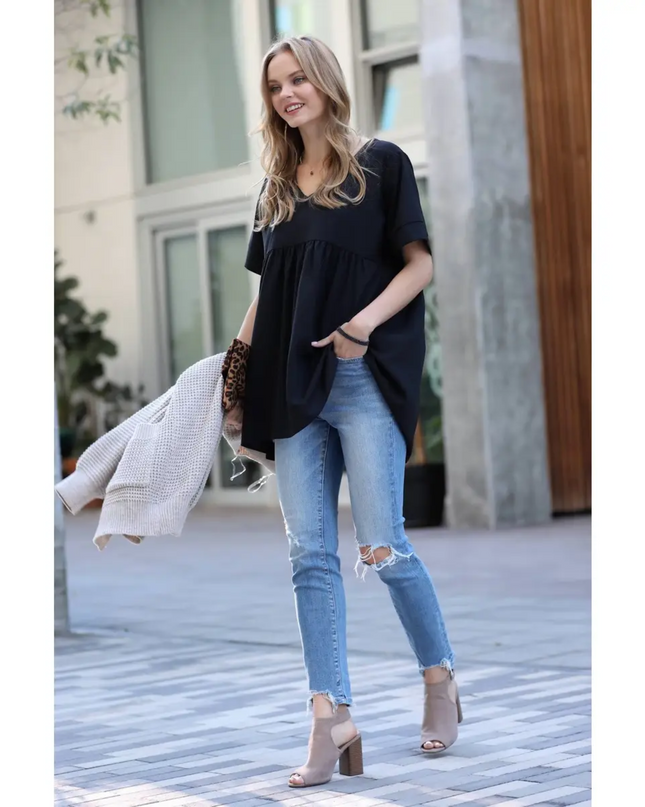 Empire Waist Shirred Tunic Top – Black image 0