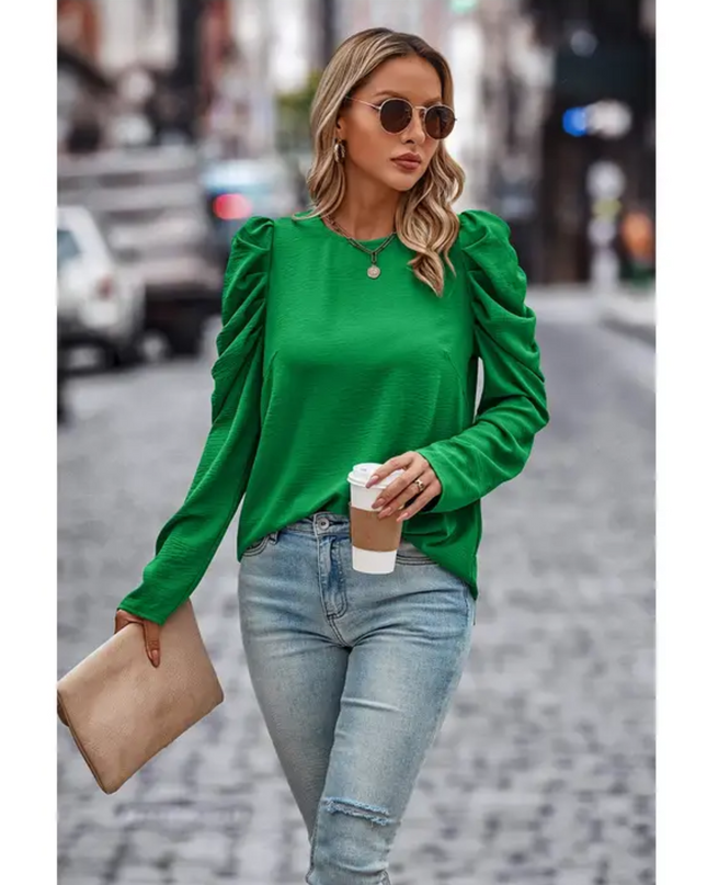 Green Puff-Sleeve Casual Blouse image 1