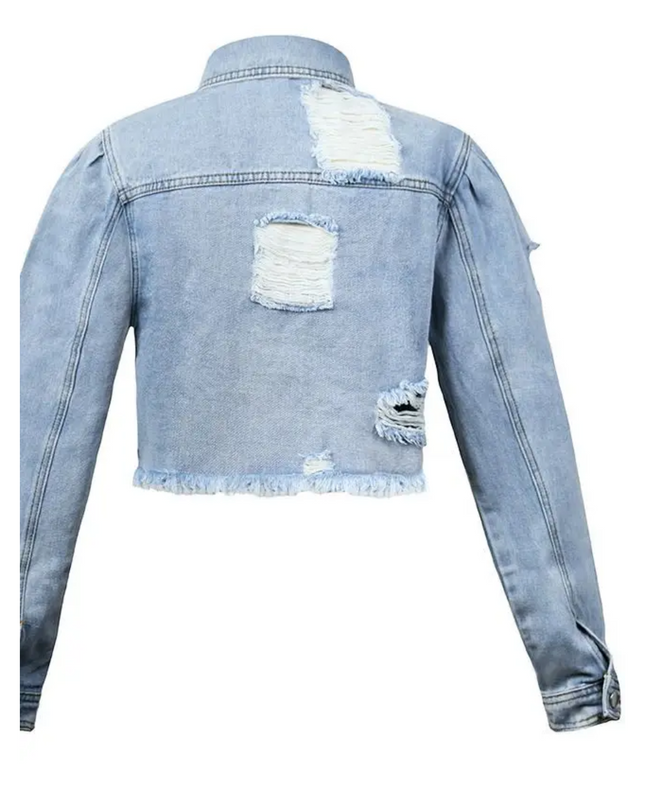 Distressed Cropped Denim Jacket – Light Wash image 2