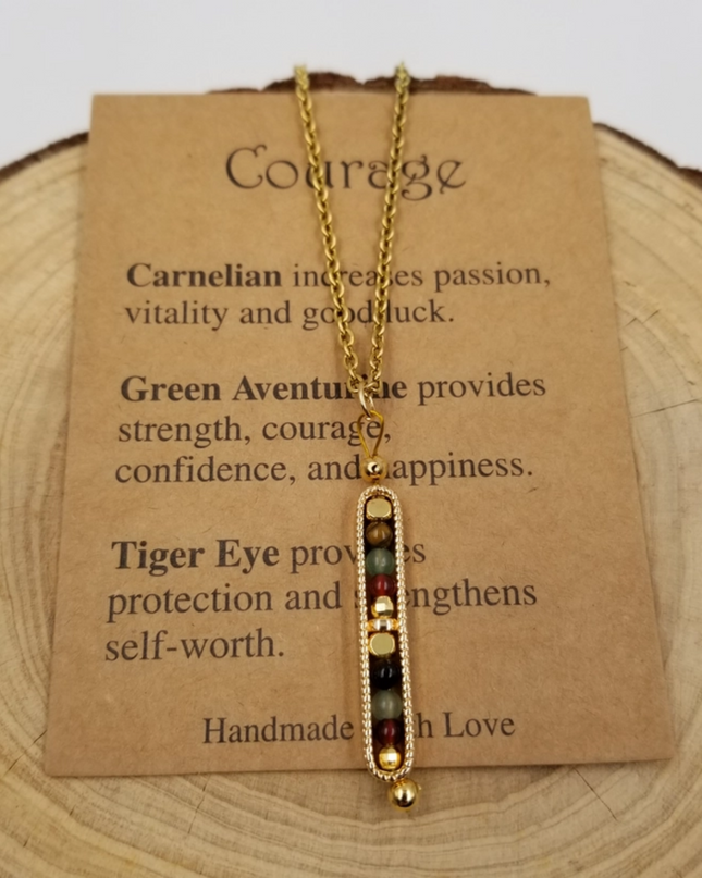 Chakra Jewelry necklace with inspirational card highlighting gemstone meanings in gold pendant