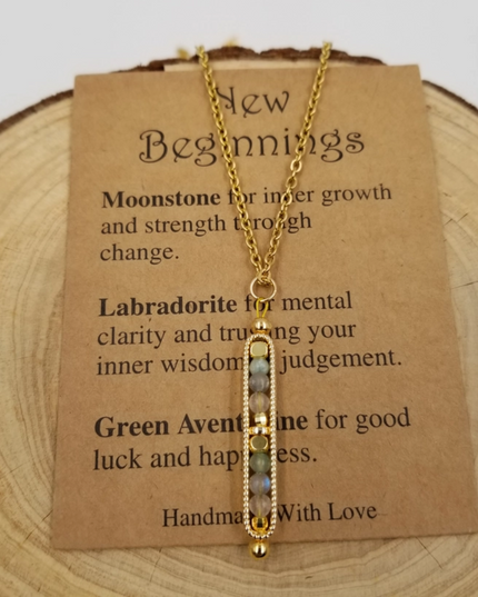 Chakra Jewelry necklace with inspirational card featuring gemstone meanings for new beginnings