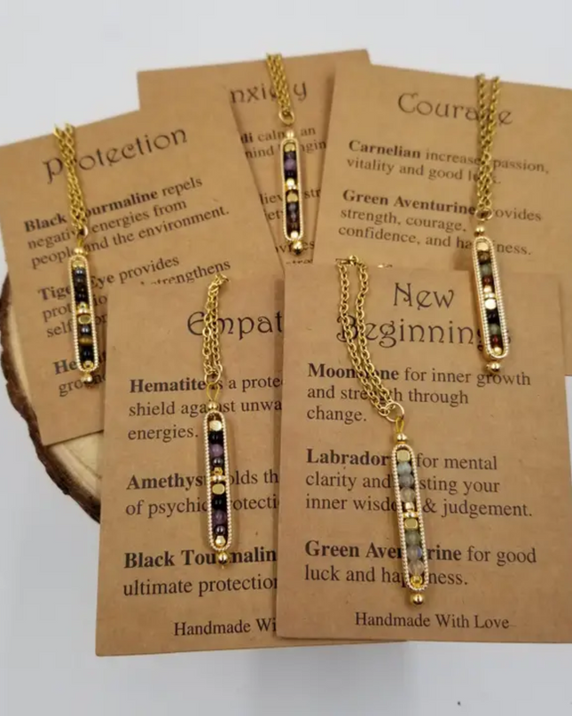 Chakra Jewelry necklace with inspirational card featuring gold chain and multistone pendant