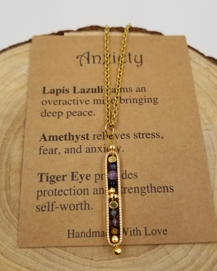 Chakra Jewelry necklace with inspirational card featuring anxiety relief stones and gold chain