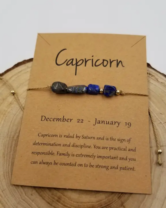 Chakra Jewelry Capricorn zodiac constellation bracelet with natural stone beads on tan card