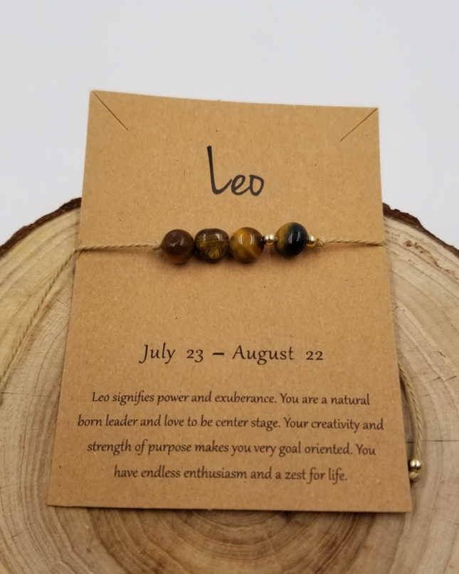 Leo zodiac constellation bracelet with tiger eye beads on a brown card from Chakra Jewelry