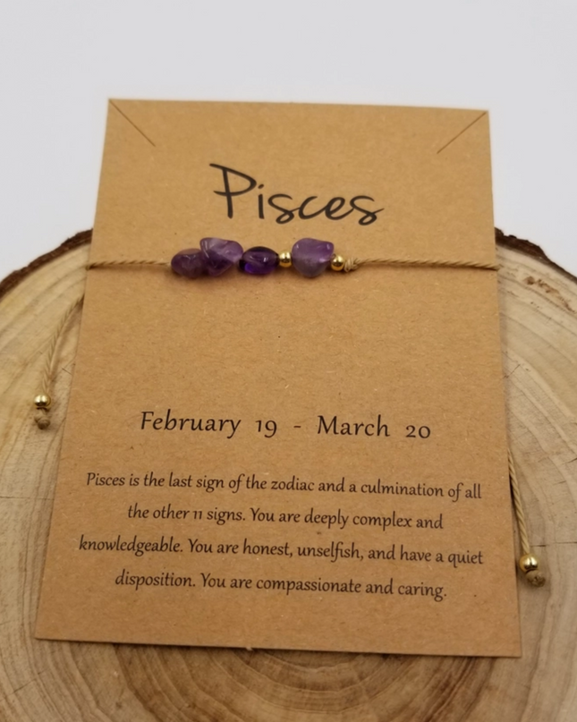 Pisces zodiac constellation bracelet by Chakra Jewelry with purple stones on adjustable string