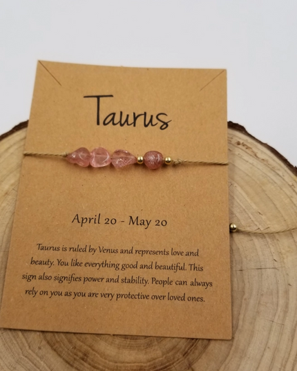 Taurus zodiac constellation bracelet with pink beads on a brown card by Chakra Jewelry