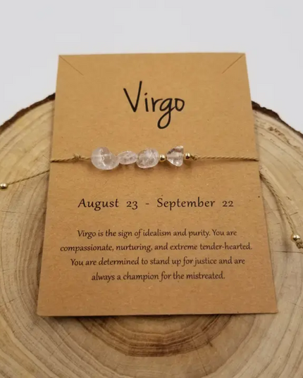 Chakra Jewelry Virgo zodiac constellation bracelet with clear beads on a brown card