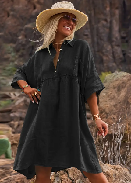 trendy dresses with women in black linen dress Sogiftme