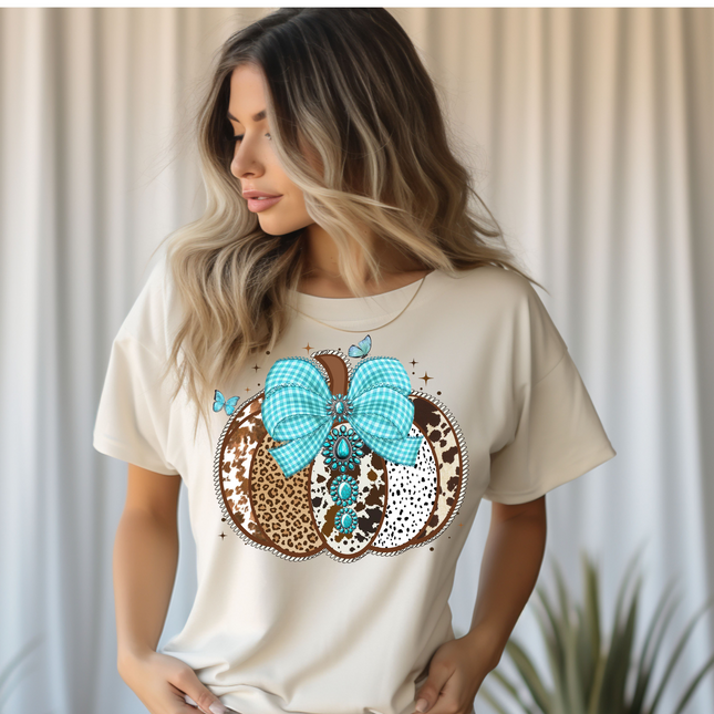 Turquoise Leopard Pumpkin T-Shirt – Western Fall Graphic Tee with Cow Print and Gingham Bow
