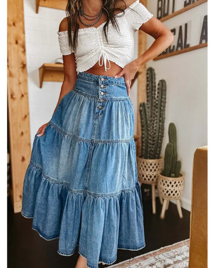 Boho High-Waisted Tiered Denim Maxi Skirt