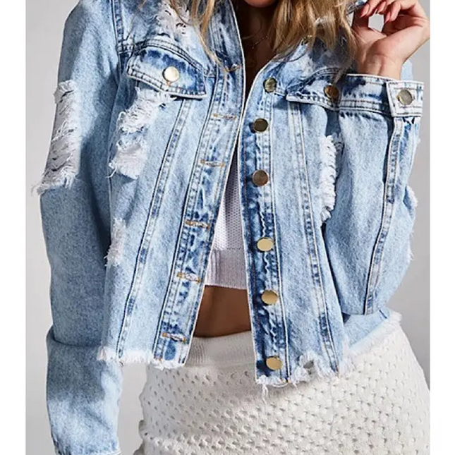 Distressed Cropped Denim Jacket – Light Wash image 0