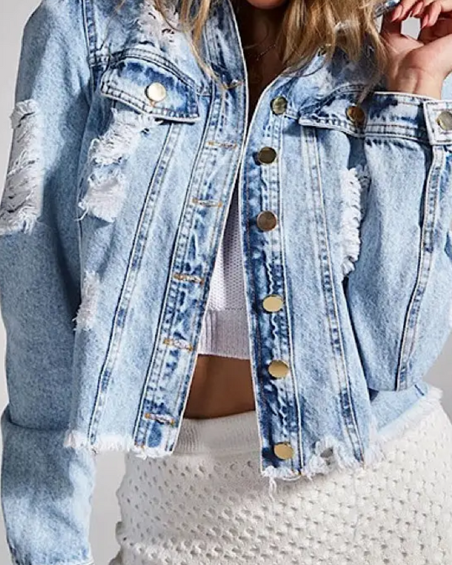 Distressed Cropped Denim Jacket – Light Wash image 0