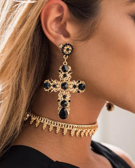 Vintage Black Cross Boho Baroque Cross Earrings image 0