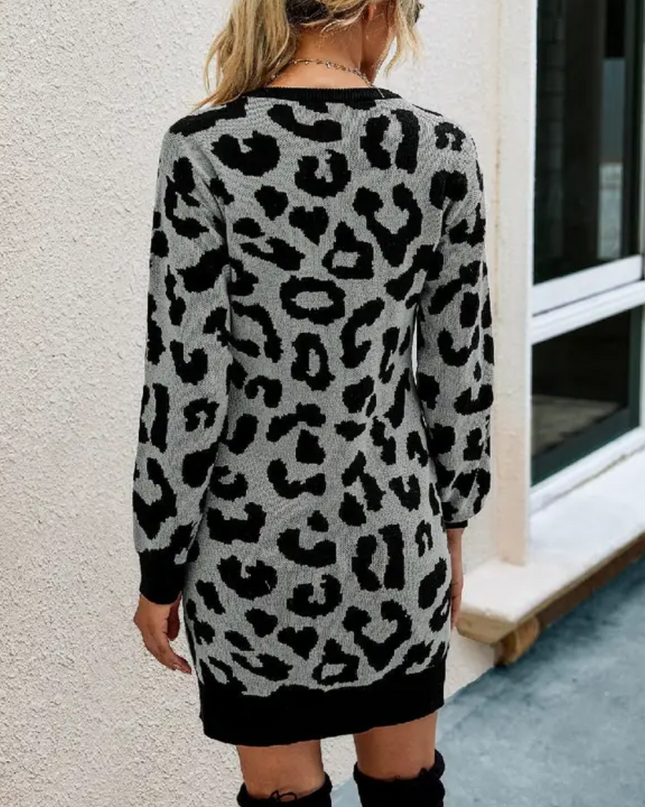Crew Neck Leopard Sweater Dress image 1