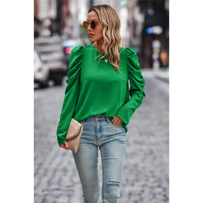 Green Puff-Sleeve Casual Blouse image 0